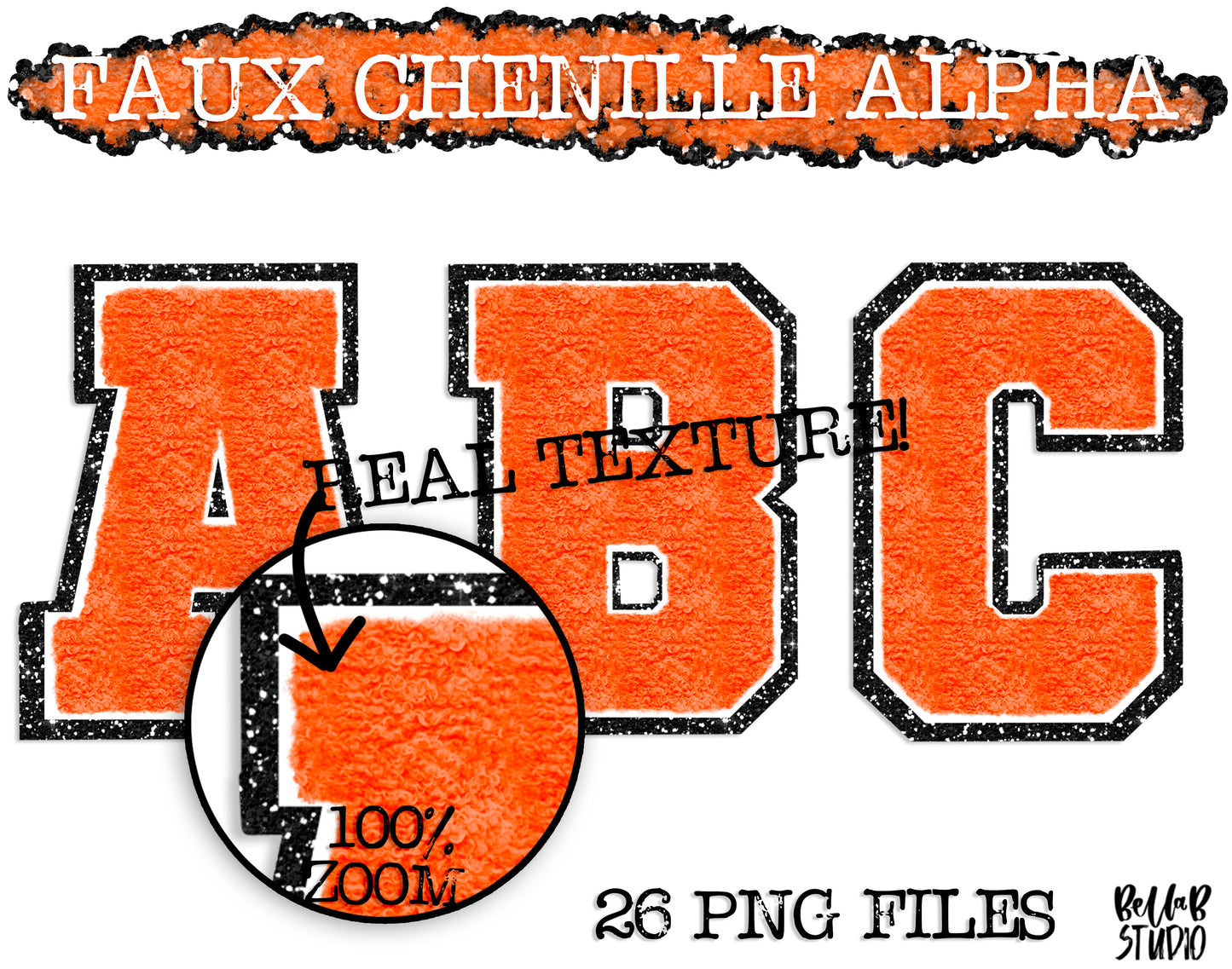 Faux Chenille Alphabet Set ORANGE - BLACK GLITTER