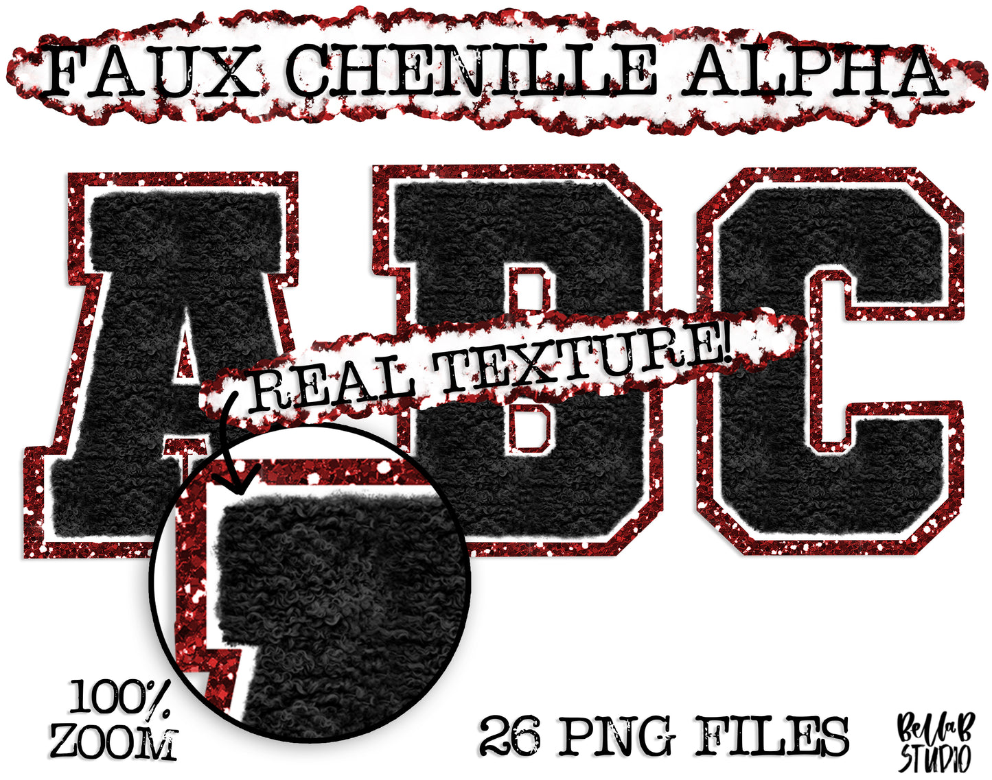 Faux Chenille Alphabet Set BLACK / RED GLITTER