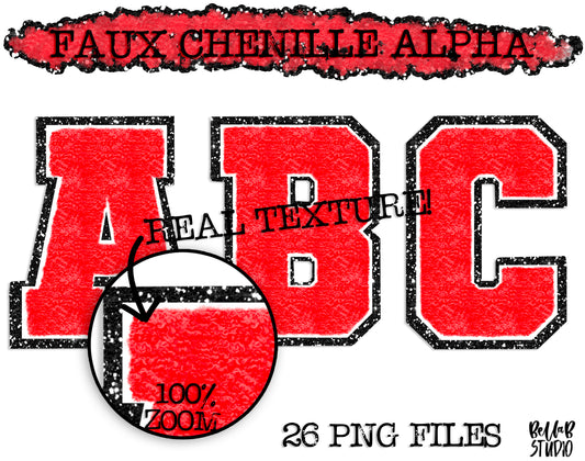 Faux Chenille Alphabet Set RED - BLACK GLITTER