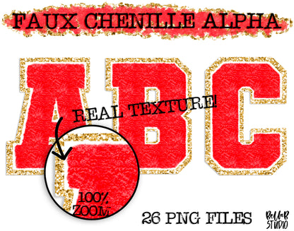 Faux Chenille Alphabet Set RED - GOLD GLITTER