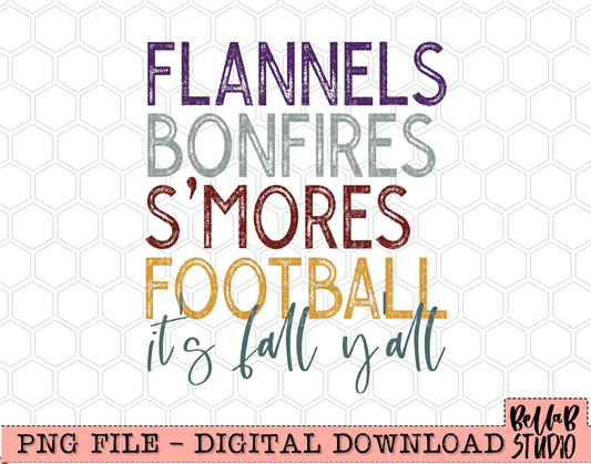 Flannels Bonfires S'mores Football It's Fall Y'all PNG Design