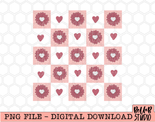 Floral Checkered Hearts PNG Sublimation Design