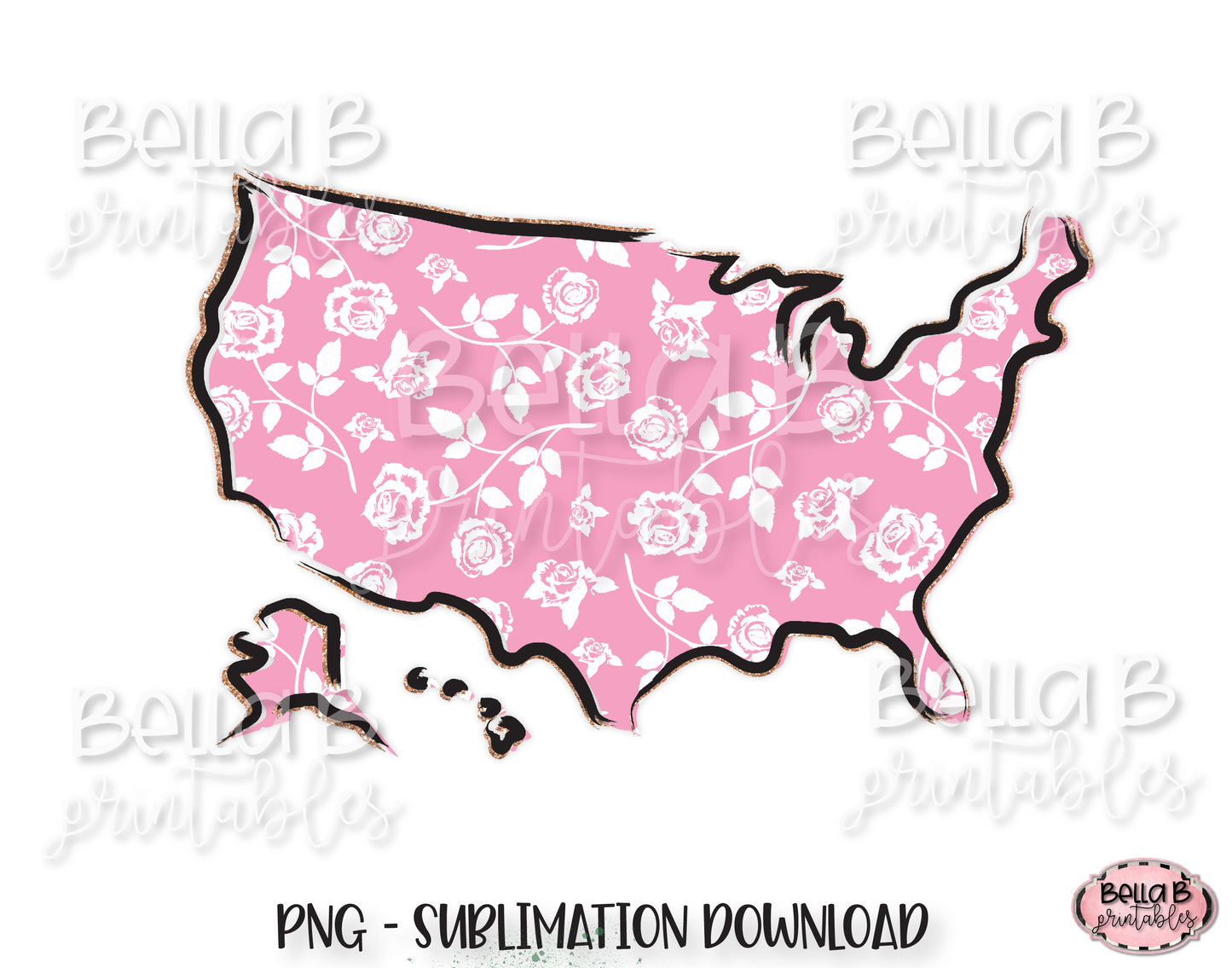 Floral United States Map Sublimation Design, Doodle