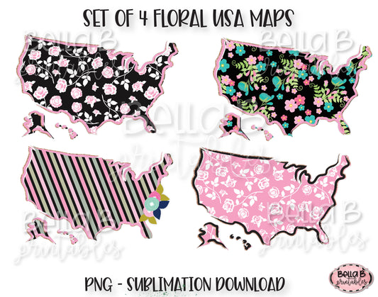 Floral United States Map Sublimation Design Bundle, Doodle
