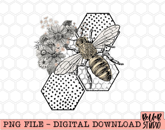 Vintage Floral Honey Bee In Honeycomb PNG Design