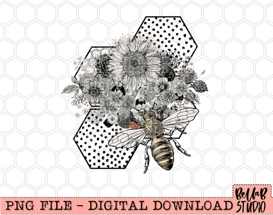 Vintage Floral Honey Bee In Honeycomb PNG Design