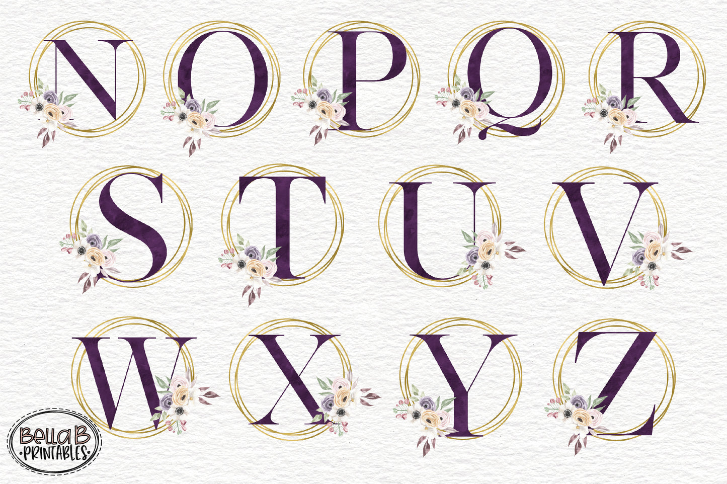 Gold Purple Watercolor Floral Alphabet Set, Alphabet Clipart