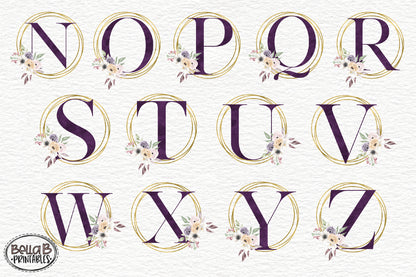 Gold Purple Watercolor Floral Alphabet Set, Alphabet Clipart