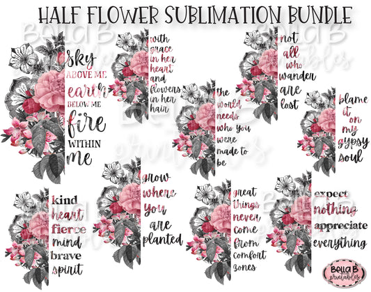 Half Flower Sublimation Design Bundle, Split Flower
