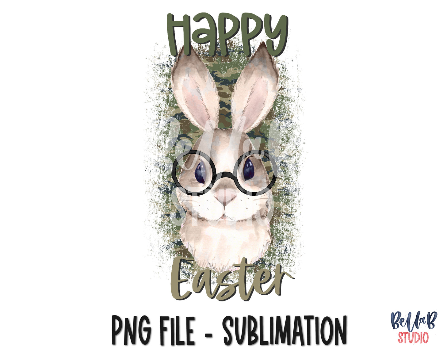 Happy Easter, Camo Bunny with Glasses Sublimation Design