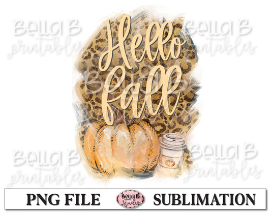 Leopard Print Hello Fall Sublimation Design, Fall Pumpkins
