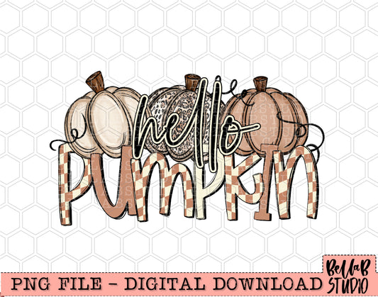 Hello Pumpkin Checkered Neutral Pumpkins PNG Design