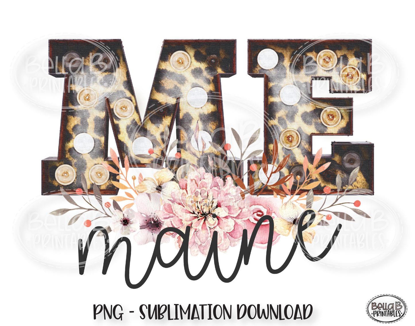 Maine State Sublimation Design, Leopard Print Marquee