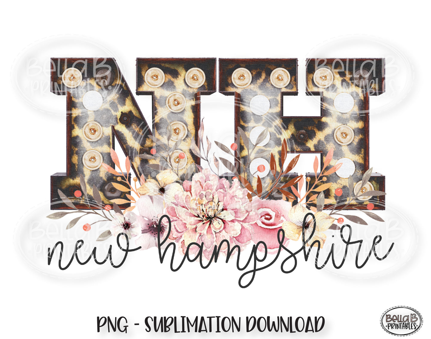 New Hampshire State Sublimation Design, Leopard Print Marquee