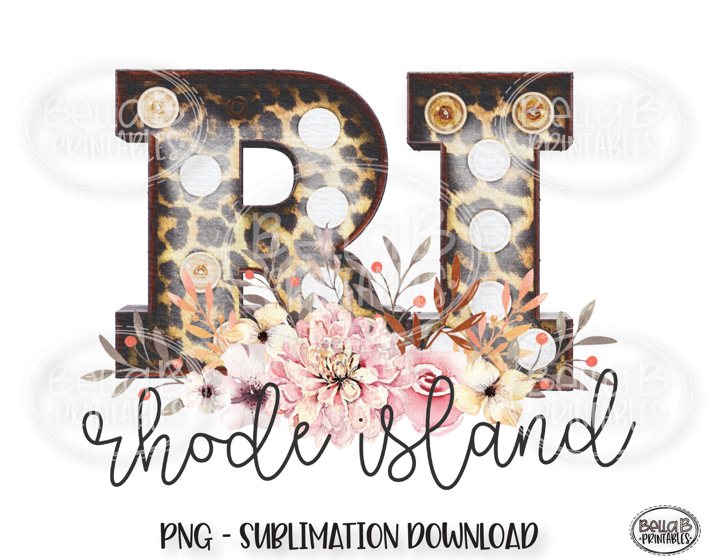 Rhode Island State Sublimation Design, Leopard Print Marquee