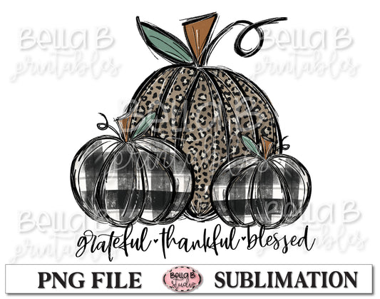 Leopard and Plaid Fall Pumpkins Sublimation Design, Grateful Thankful Blessed