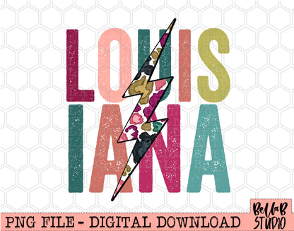 LOUISIANA Bright Leopard Bolt Sublimation Design