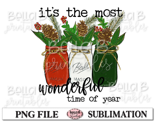 Christmas Mason Jar Sublimation Design, It's The Most Wonderful Time Of Year