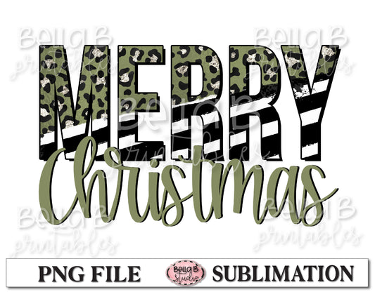Green Merry Christmas Leopard Striped Sublimation Design