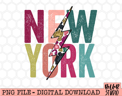 NEW YORK Bright Leopard Bolt Sublimation Design