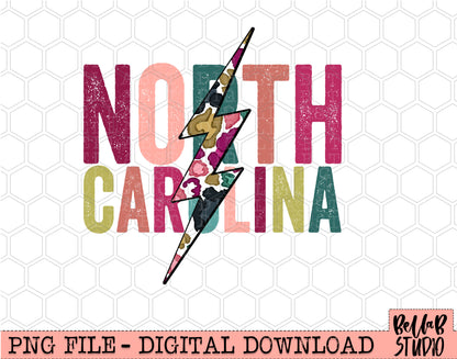 NORTH CAROLINA Bright Leopard Bolt Sublimation Design