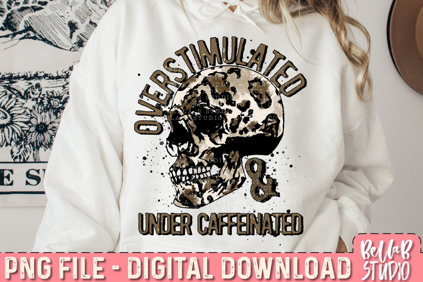 Overstimulated and Under caffeinated Skull and Bolt PNG Sublimation Design