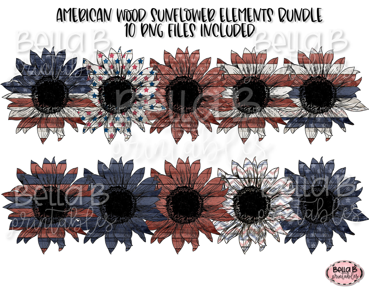 Patriotic, American Wood Sunflower Sublimation Elements Bundle