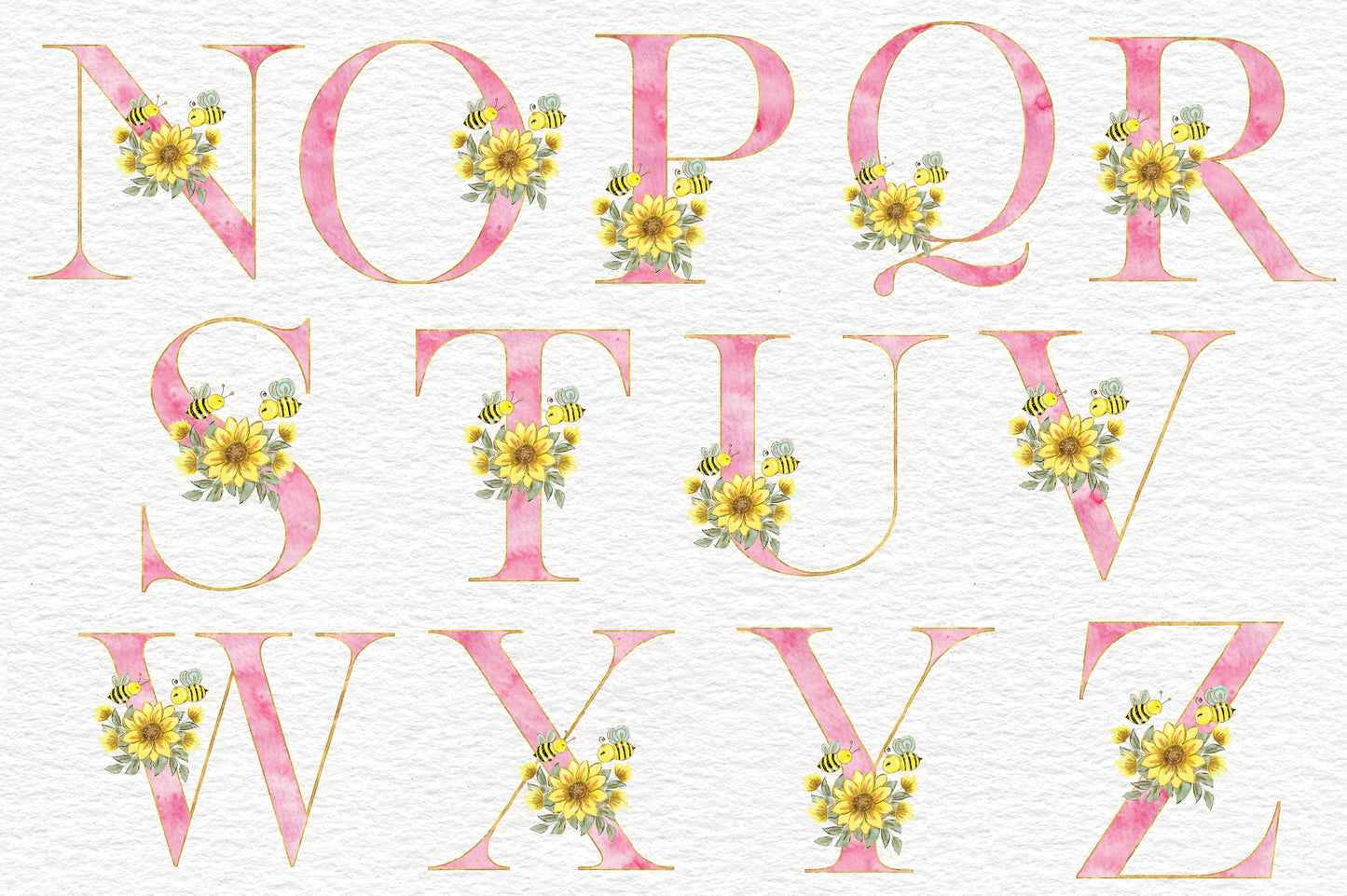 Pink Watercolor Sunflower Alphabet Set, Sublimation Alphabet