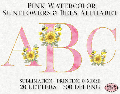Pink Watercolor Sunflower Alphabet Set, Sublimation Alphabet