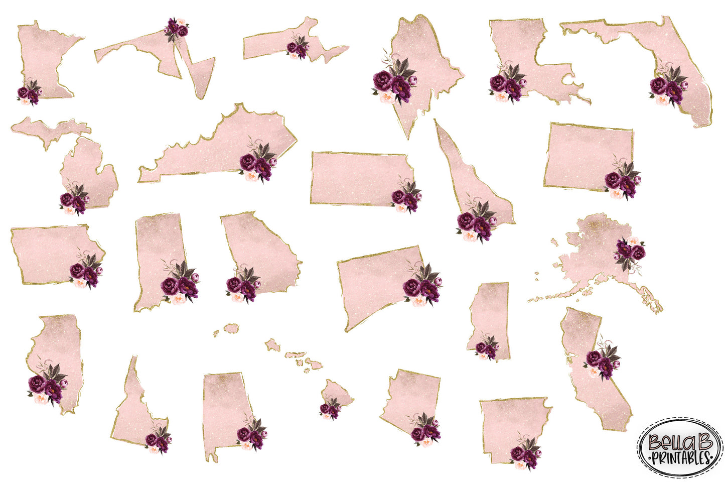 Floral Pink Gold Glitter United States Bundle, Sublimation Designs