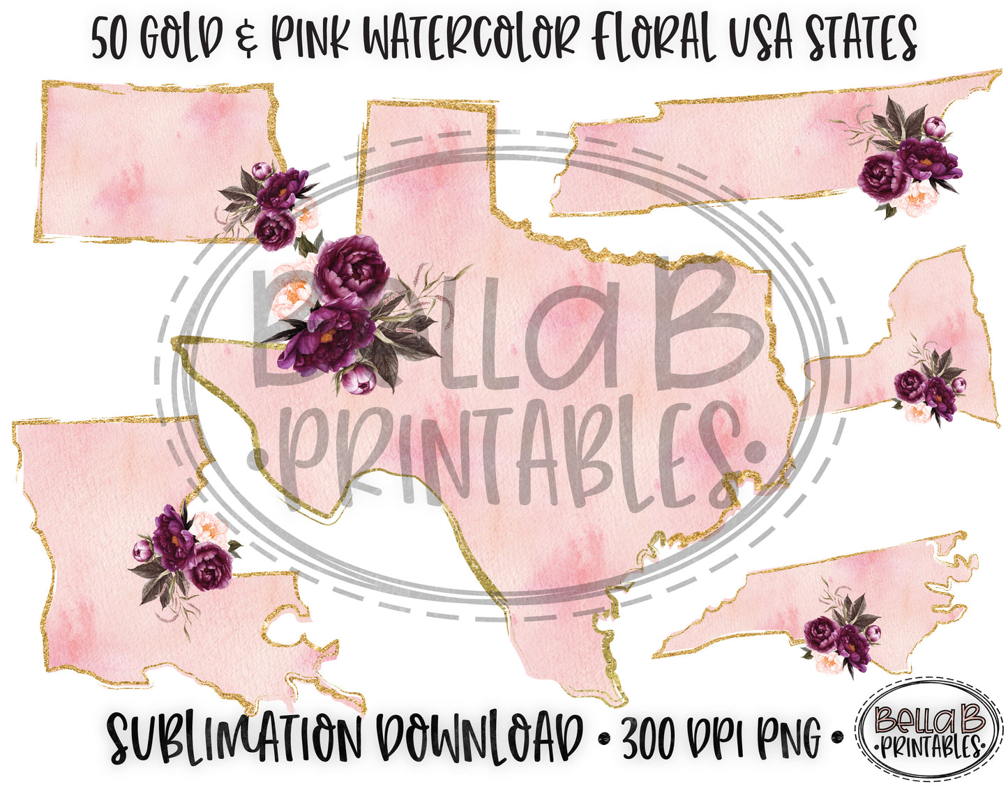 Floral Pink Watercolor Gold Glitter United States Bundle, Sublimation Designs