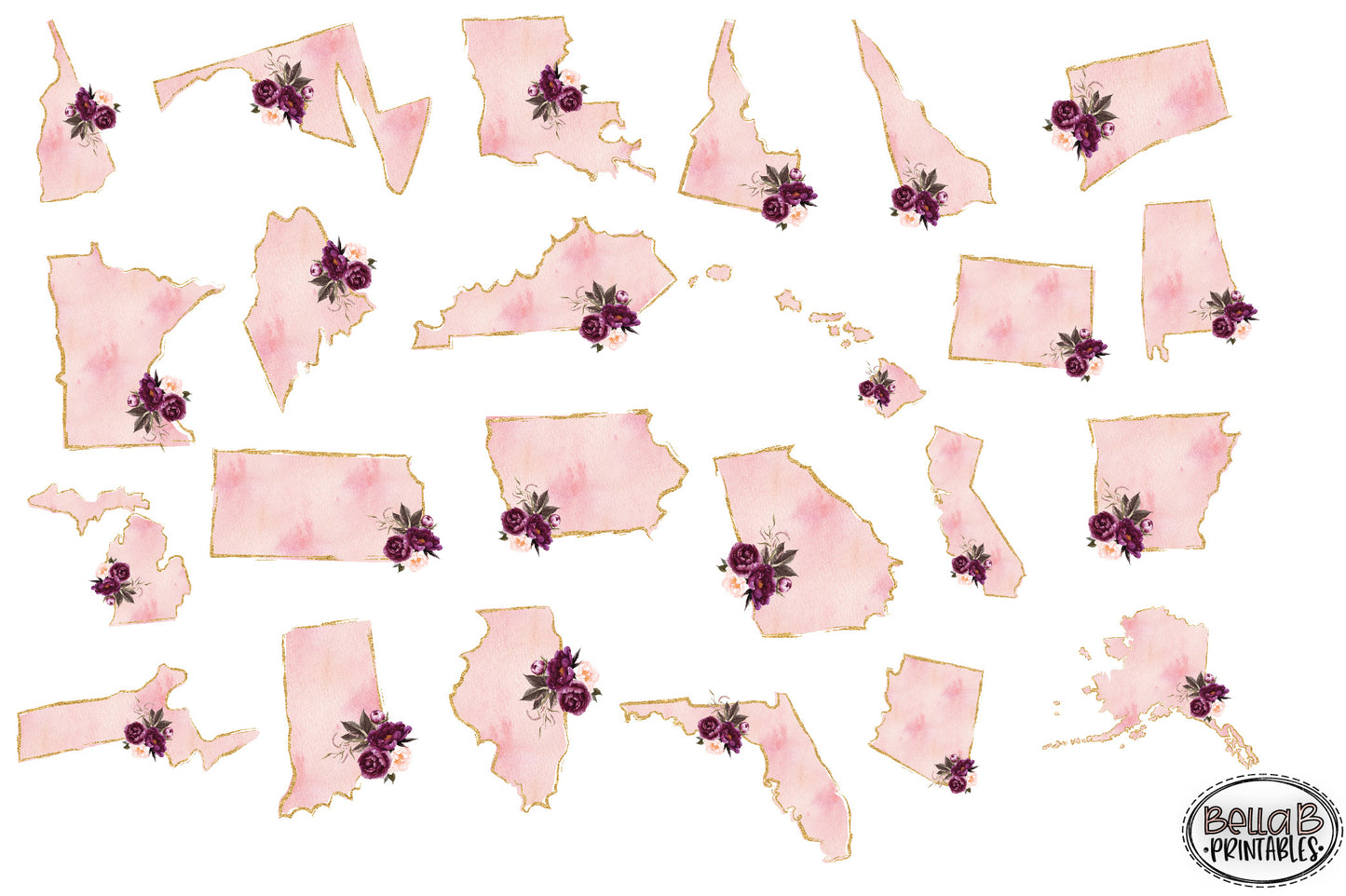 Floral Pink Watercolor Gold Glitter United States Bundle, Sublimation Designs