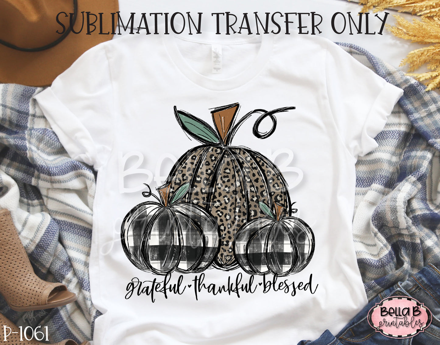 Grateful Thankful Blessed Leopard And Plaid Pumpkin Sublimation Transfer, Ready To Press