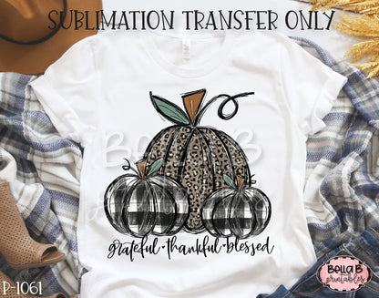 Grateful Thankful Blessed Leopard And Plaid Pumpkin Sublimation Transfer, Ready To Press