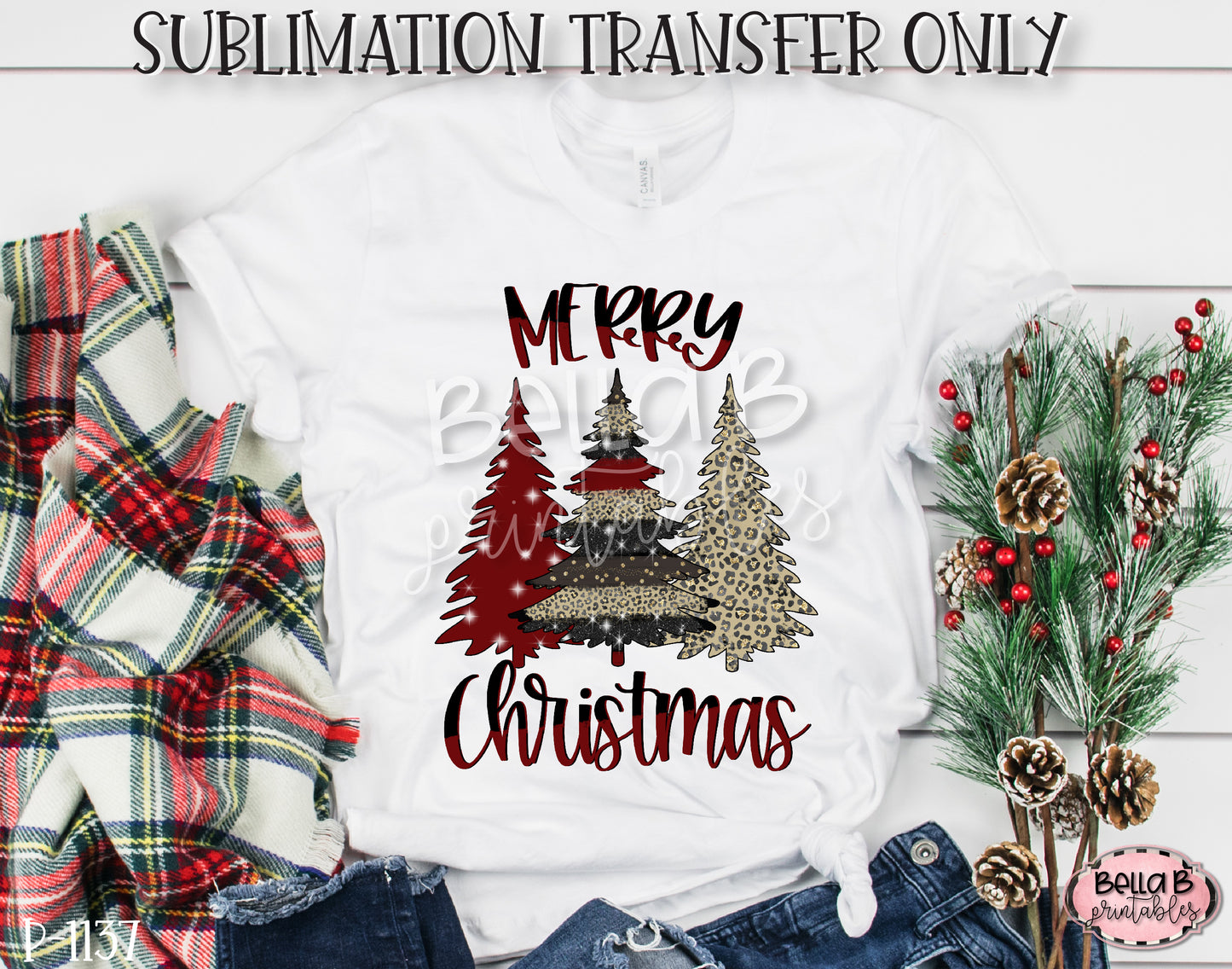 Merry Christmas Trees Sublimation Transfer, Ready To Press