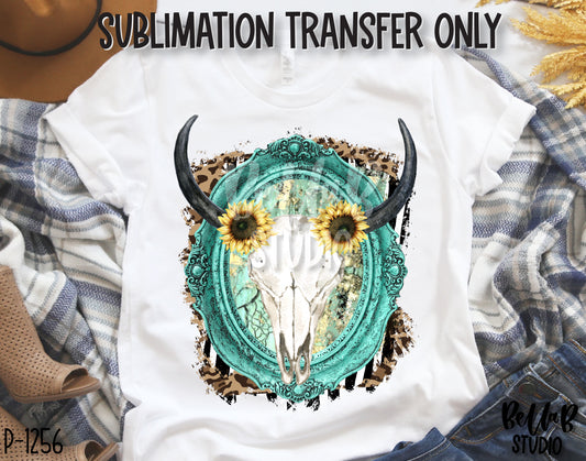 Southwestern Turquoise Skull and Sunflowers Sublimation Transfer, Ready To Press