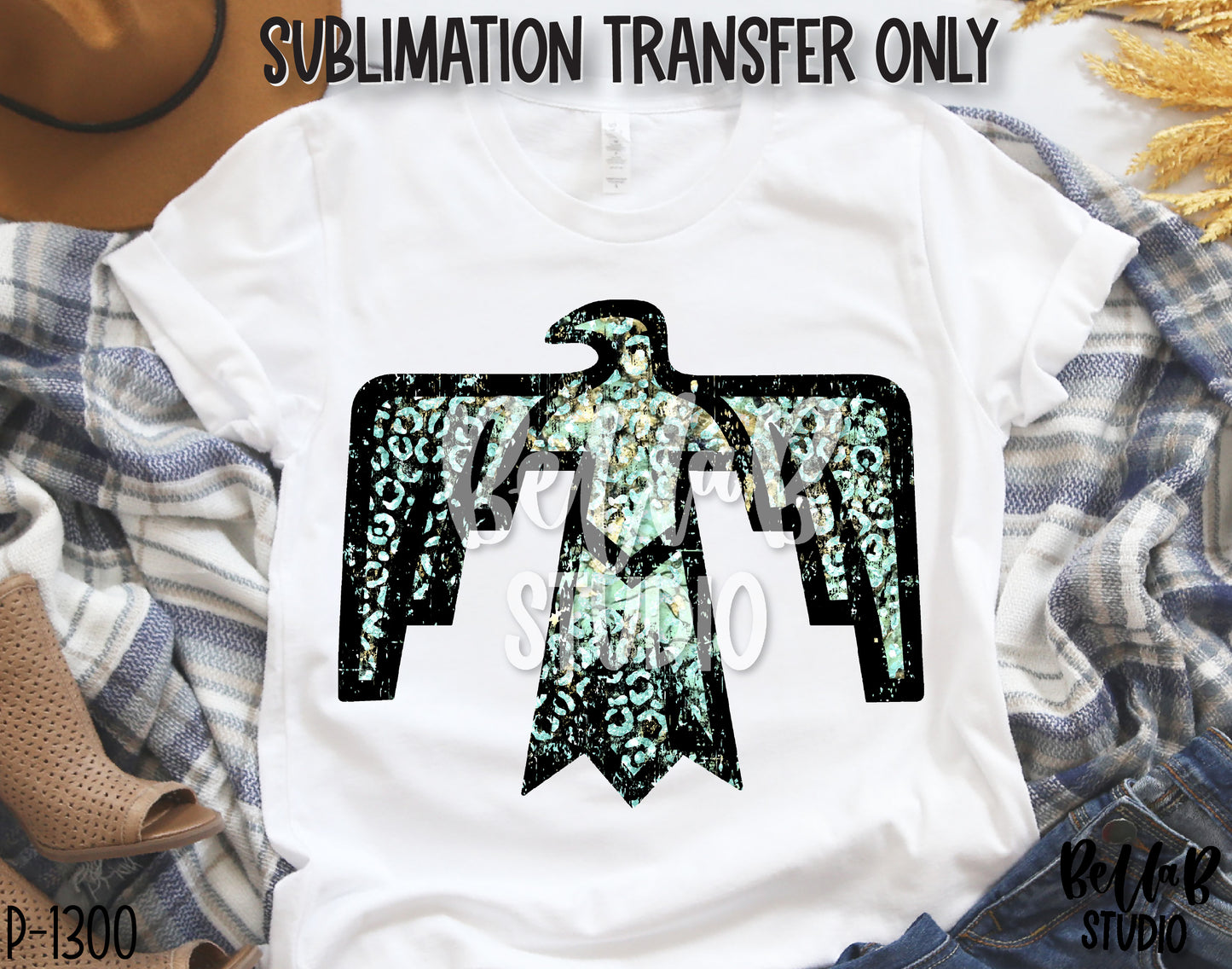 Turquoise Leopard Thunderbird Sublimation Transfer, Ready To Press