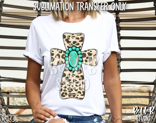 Leopard Cross with Turquoise Gem Sublimation Transfer, Ready To Press