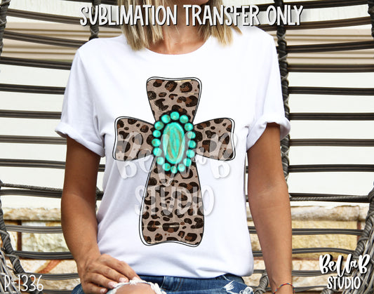 Leopard Cross with Turquoise Gem Sublimation Transfer, Ready To Press