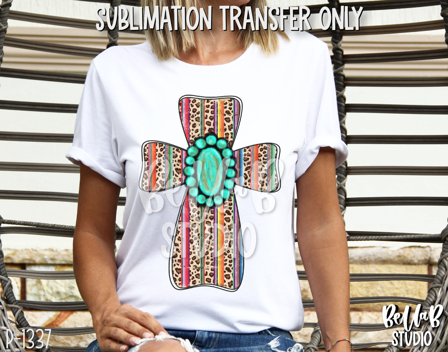Serape Leopard Cross with Turquoise Gem Sublimation Transfer, Ready To Press