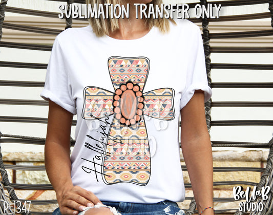 Hallelujah Aztec Cross With Pink Gem Sublimation Transfer, Ready To Press