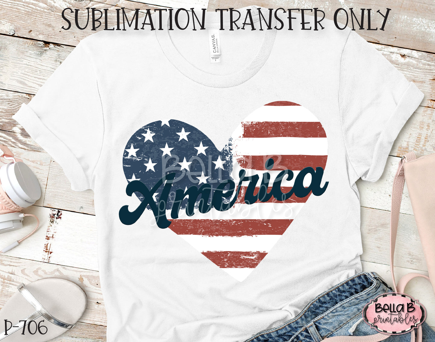 America Distressed Heart Sublimation Transfer, Ready To Press, Heat Press Transfer, Sublimation Print