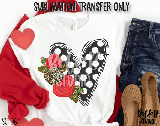 Floral Polka Heart Sublimation Transfer, Ready To Press