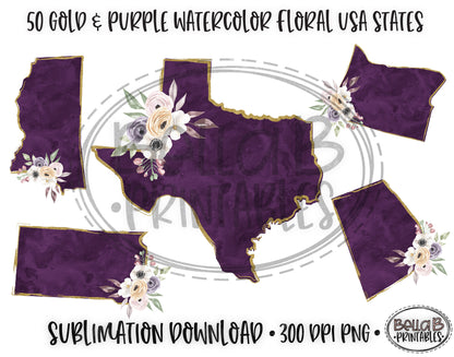 Floral Purple Watercolor Gold Glitter United States Bundle, Sublimation Designs