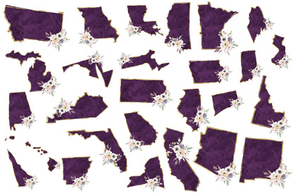 Floral Purple Watercolor Gold Glitter United States Bundle, Sublimation Designs