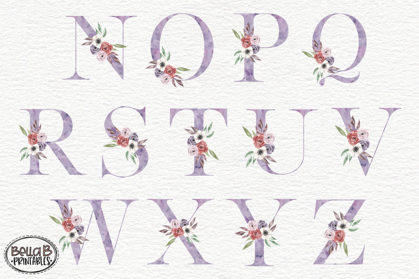 Purple Watercolor Floral Alphabet Set, Sublimation Alphabet