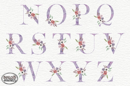 Purple Watercolor Floral Alphabet Set, Sublimation Alphabet