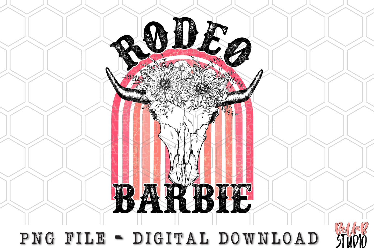 Rodeo Barbie Pink Rainbow Floral Longhorn Skull Sublimation Design