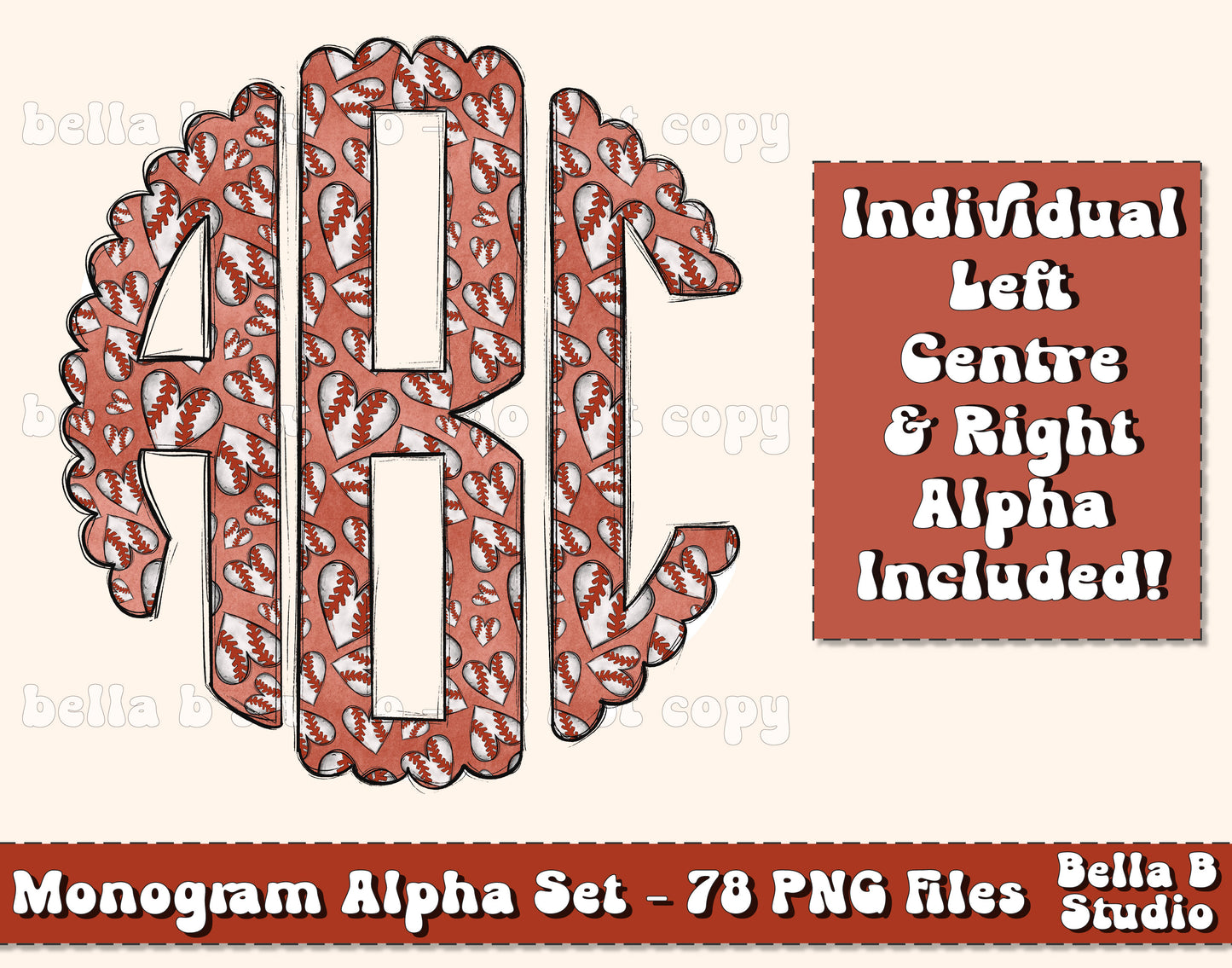 Baseball Hearts Scalloped Monogram Alpha Set