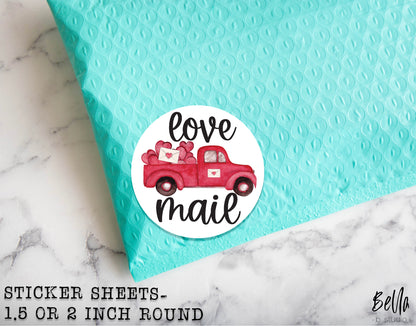 Valentine Love Mail Truck Sticker Sheet - Small Business Packaging Stickers